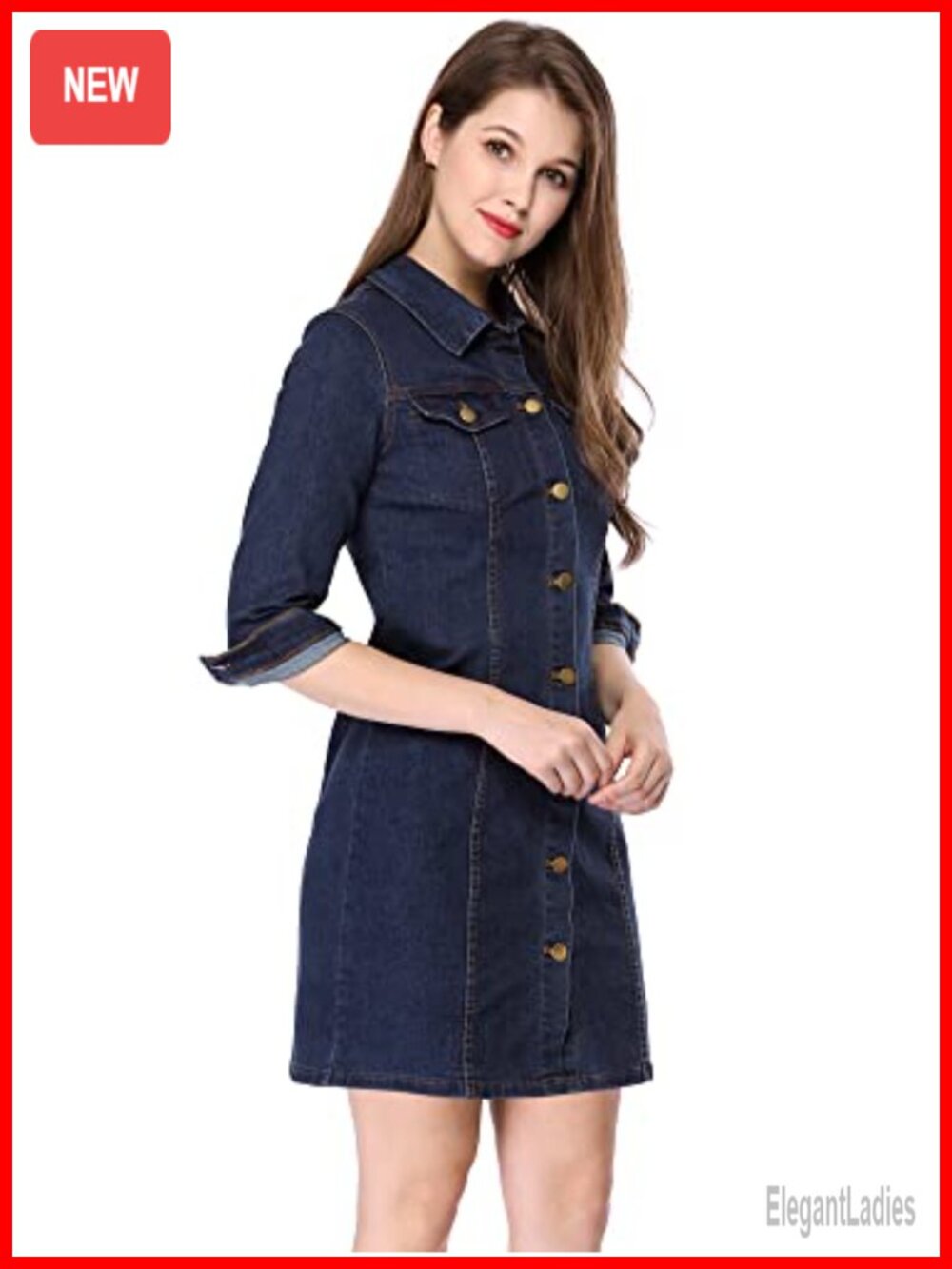 Fitted Mini Denim Shirt Dress 3/4 Sleeve Button Up Jean Dress